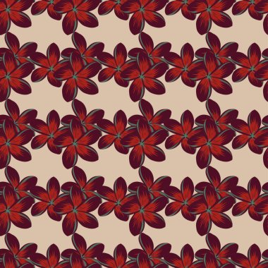 Dekorasyon ve tasarım için güzel bir desen. Plumeria çiçekleriyle klasik tarzda enfes bir desen. Plumeria çiçekleriyle sulu boya desenli. Moda baskısı kahverengi, bej ve kırmızı renklerde.
