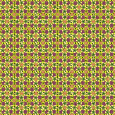 Elle çizilmiş küçük çiçekli, kusursuz bir desen. Yeşil, mor ve sarı renklerde stilize edilmiş küçük çiçekler..