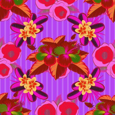 Mor, pembe ve kırmızı tropikal çiçeklerle kusursuz egzotik desen. Açan orman, kusursuz amber deseni. Motley vektör illüstrasyonu.