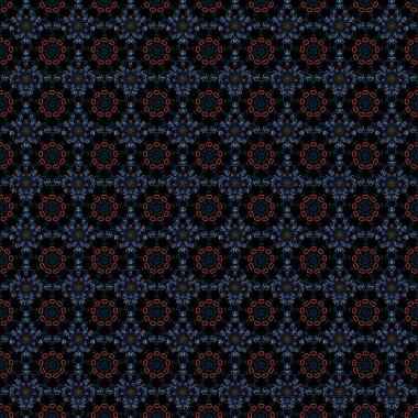 Ikat damaskesiz desen arkaplan kiremit üzerinde mavi, kırmızı ve kahverengi renkler.