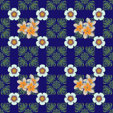 Tespih çiçekleri, yapraklar, dekoratif elementler, sıçrama, lekeler ve sarı, yeşil ve mavi renkte damlayan vektörsüz çiçek deseni. Karalama çizim biçimi, el çizimi illüstrasyon.