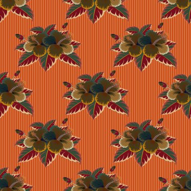 Turuncu, yeşil ve kahverengi amber çiçekli Aloha tipografisi tişört baskısı, kusursuz desenli Vektör çizimi.