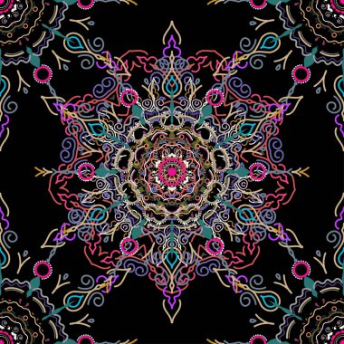 Zarif bej ve turuncu, çiçek ve Mandala elementleriyle kusursuz desen. El çizimi güzel bir vektör çizimi.