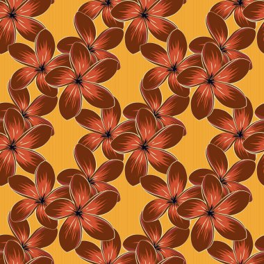 Raster pürüzsüz arkaplan deseni stilize plumeria çiçekleri ve yaprakları kahverengi, sarı ve turuncu renklerde.