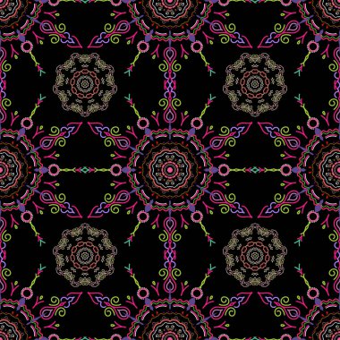 Pembe, yeşil ve siyah arkaplanda nötr doku. Arap tarzında soyut bir model. Kusursuz vektör arkaplanı. Grafiksel modern desen.