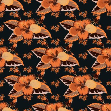 Kahverengi, turuncu ve siyah renklerle elle boyanmış. Tropik yapraklar ve kahverengi, turuncu ve siyah desensiz çiçekler..