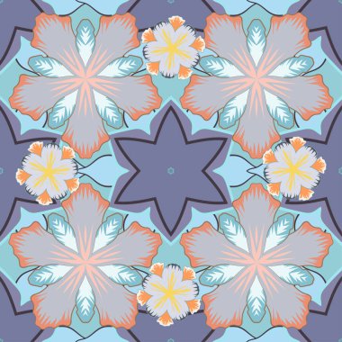 Çiçekleri ve yaprakları mor, mavi ve gri renklerde olan kusursuz çiçek deseni.