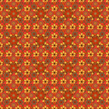 Küçük bir çiçekte hoş, pürüzsüz bir desen. Vektör çizimi. Turuncu, sarı ve kırmızı renkte küçük bir çiçek. Moda baskıları için zarif bir şablon.