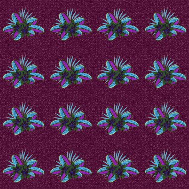 Küçük stilize çiçekler. Vektör çizimi. Mor, mor, mavi ve mavi renklerde, küçük, şirin, çiçeksiz desen..