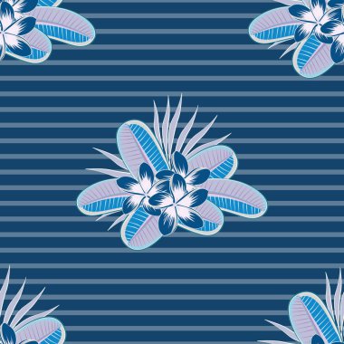 Kesişen kıvrımlı zarif stilize Plumeria çiçekleri, yapraklar ve parşömenler soyut çiçek süsü oluşturuyorlar. Arabesk. Klasik soyut vektör. Çiçeksiz desen. Gri, beyaz ve mavi renklerde..