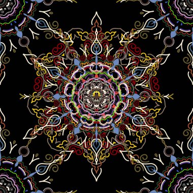 Grafiksel modern model. Siyah arka planda kırmızı, bej ve yeşil doku. Kusursuz vektör arkaplanı. Arap tarzında soyut desen.