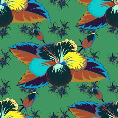 Çiçeksiz desen. Vektör çizimi. Mavi, turuncu ve yeşil renkli şirin amber çiçekleri olan bahar kağıdı..