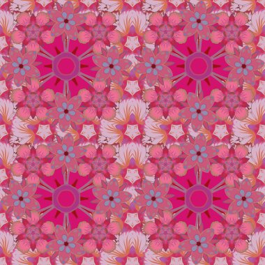 Pembe, kırmızı ve mor tekrarlayan elementlerle modern geometrik kusursuz desen. Kusursuz raster süsü..