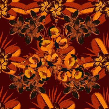 Kahverengi, turuncu ve gri renklerde yaprakları ve tropik çiçekleri olan kusursuz bir arkaplan deseni. Vektör illüstrasyonu.