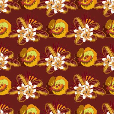 Dijital vektör illüstrasyon, doğal elementler, modası geçmiş tarzda. Çiçeklerle süslenmiş kusursuz bir çiçek arkaplanı. Çiçek kompozisyonu ve klasik tarzda renkli baskılar.