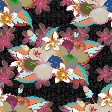 Kraliyet çiçeğiyle modern çiçek deseni. Turuncu ve mavi renkli renkler. Kusursuz çiçek süsü..