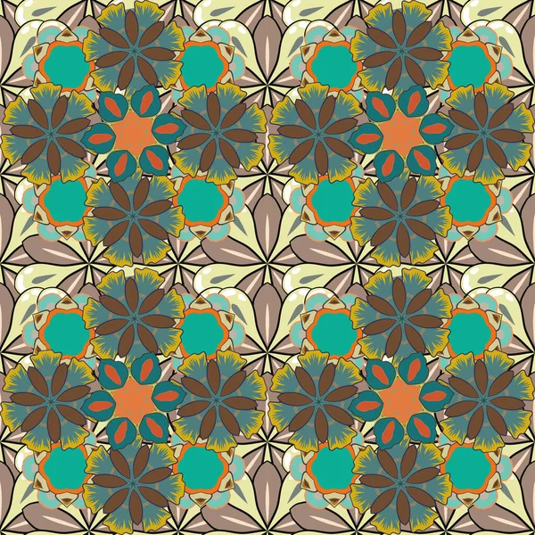 Motley Tiles Floral Motif Brown Beige Blue Vintage Textile Print — Stock Vector