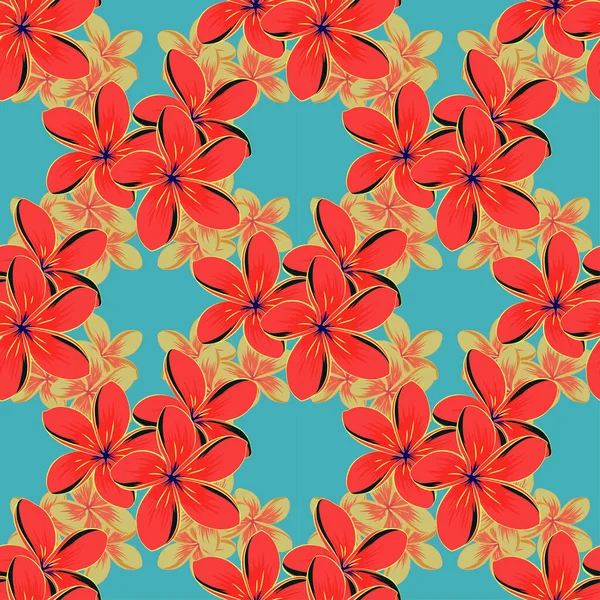 Söt Vektor Blommig Bakgrund Plumeria Blommor Sömlös Mönster Röda Blå — Stock vektor
