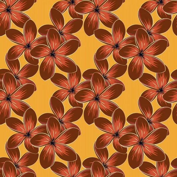 Raster Seamless Background Pattern Stylized Plumeria Flowers Leaves Brown Yellow — Stock Vector