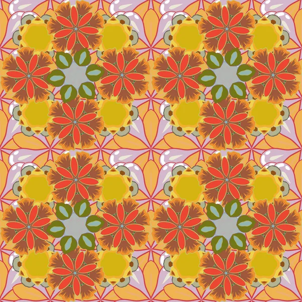 Abstrace Estilizadas Flores Amarillas Marrones Rojas Raster Lindo Patrón Floral — Archivo Imágenes Vectoriales