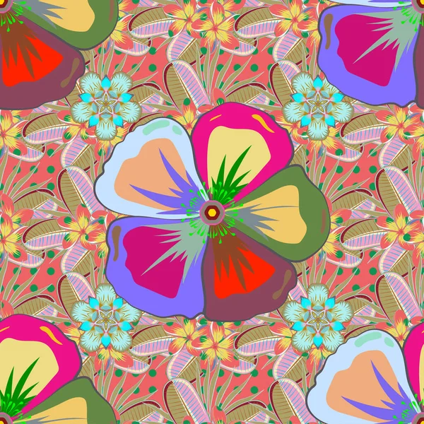 Tropisches Nahtloses Muster Mit Vielen Rosa Und Gelben Abstrakten Blüten — Stockvektor