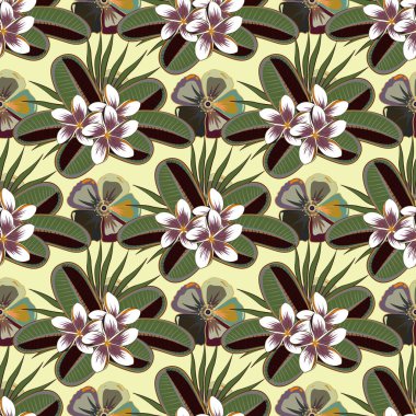 Vektör Plumeria çiçek deseni tekrarlanıyor. Bej, yeşil ve gri renklerde modern, renksiz çiçek deseni. Çiçek izi.