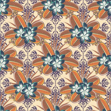 Çiçeksiz desen. Vektör çizimi. Soyut şirin plumeria çiçekli bahar kağıdı bej, kahverengi ve mavi renkler.