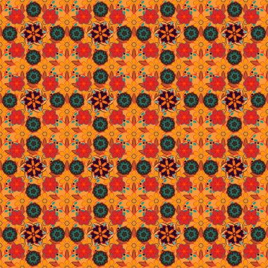 Kırmızı, turuncu ve kahverengi yıldız desenli ve klasik süslemeli. Çok renkli dekorasyonlar. Karmaşık yıldızlı lüks, kusursuz bir desen. Vektörsüz arkaplan.