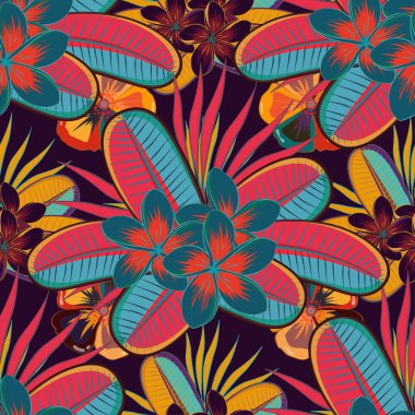 Mavi, kahverengi ve pembe renklerde, tropikal yapraklar ve çiçeklerin mavi, kahverengi ve pembe renkleriyle kusursuz arkaplan deseni.