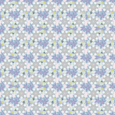 Vektör çizimi. Klasik duvar kağıdı dikişsiz, gri, yeşil ve mavi renklerde çiçek desenli arka plan. Bir sürü sevimli çiçek..