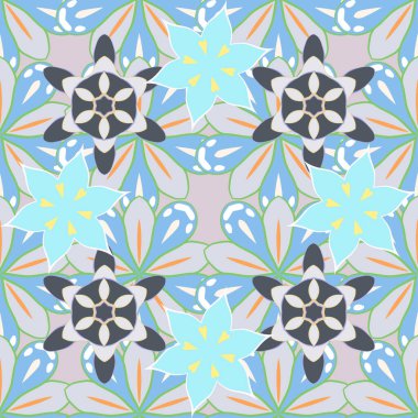 Güzel iz. Zarif vektör klasik kusursuz desen. Yeşil, gri ve mavi tekrarlayan elementlerle kusursuz soyut doku.