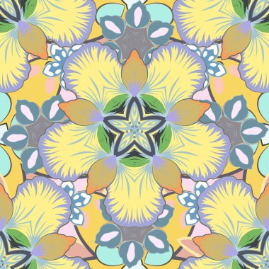 Pürüzsüz bir şablon. Sarı, mavi ve gri renklerde organik motif arka plan. Şirin vektör illüstrasyonu.