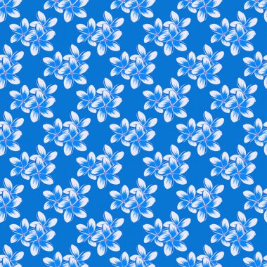 Plumeria çiçeklerinin gri, mor ve mavi renkte olduğu dikişsiz suluboya deseni. Plumeria çiçeklerinin zarif deseni. Dekorasyon ve tasarım için güzel bir vektör deseni. Eski tarz moda yazdırma