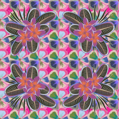 Mavi ve pembe renklerde kusursuz çiçek deseni. Vektör illüstrasyonu.