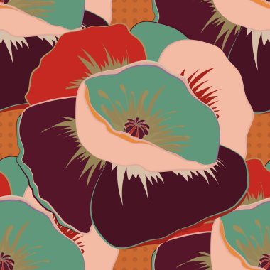 Soyut gelincik çiçeklerinin kusursuz deseni kırmızı, yeşil ve pembe renklerde. Eski tarz. Stok vektör illüstrasyonu.