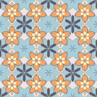 Turuncu, mavi ve gri renkli küçük çiçekli, pürüzsüz bir desen. Vektör çizimi. Soyut çiçekler.