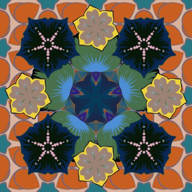 Doğu ya da Arap, Rusya sanat geçmişi. Borsa raster soyut el çizimi deseni bej, gri ve turuncu renkli çiçekler. Kart ya da afiş için kusursuz şablon.