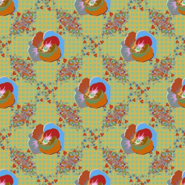 Çiçek motifli kusursuz desen. Mavi ve yeşil çiçekli kusursuz çiçek deseni, suluboya. Çiçek illüstrasyonu.