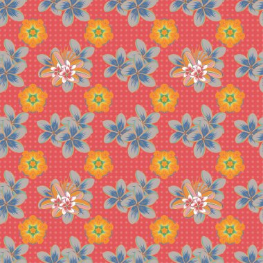 Plumeria çiçeklerinin gri, pembe ve mavi renkte olduğu soyut zarafet vektörünün kusursuz deseni.