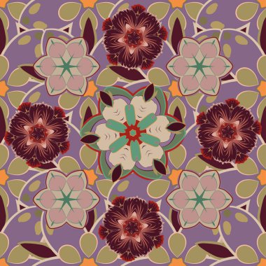 Çizgili arka planda dikişsiz suluboya desen. Bej, mor ve sarı renkli vektör çiçek deseni.