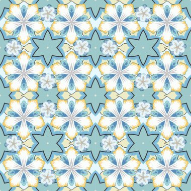 Karışık arkaplanda çiçekler olan kusursuz bir desen. Sarı, bej ve mavi çiçeklerin vektör çizimi.