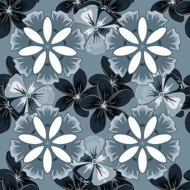 El yazısı vektör tesisat çiçekleri, pullar, anahtarlar. Mavili, gri ve siyah renklerde klasik dikişsiz desen.