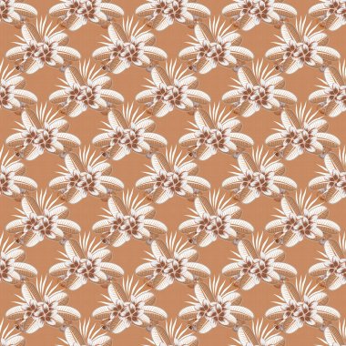 Bej, kahverengi ve turuncu renklerde yumuşak, pürüzsüz, saf bir çiçek. Yapraklı vector ditsy desen, bahar yaz zamanı, renkli çiçek arkaplan izi.