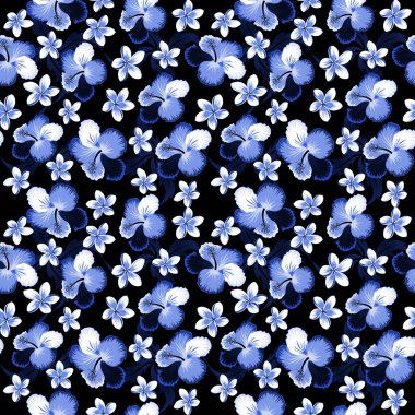 Çiçeksiz desenli, çiçekli, el çizimi tarzı siyah arka planda. Vektör amfibik çiçek deseni. Davetiye, düğün veya tebrik kartları için mavi ve menekşe renkleri tasarla.