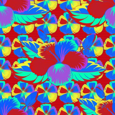 Şirin vektör çiçekli arka plan. Hibiscus çiçekleri sarı, yeşil ve mor renklerde kusursuz desen.