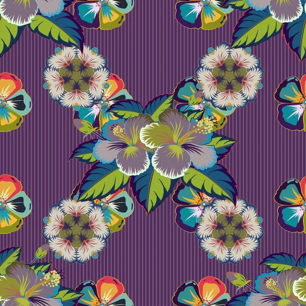 Motley Fond Floral Printanier Modèle Mignon Vectoriel Fleurs Hibiscus Pourpres — Image vectorielle