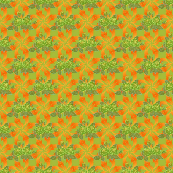 Векторный Бесшовный Узор Стилизованных Желтых Зеленых Оранжевых Цветов Акварель Розами — стоковый вектор