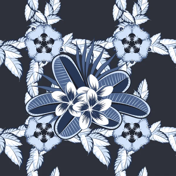 グレー バイオレットと白の色で花や葉のプルメリアシームレスなパターンをラスター エレガントな花の背景 ベッドリネン ジャケット パッケージデザイン 生地やファッションのコンセプトのためのテキスタイルプリント — ストックベクタ