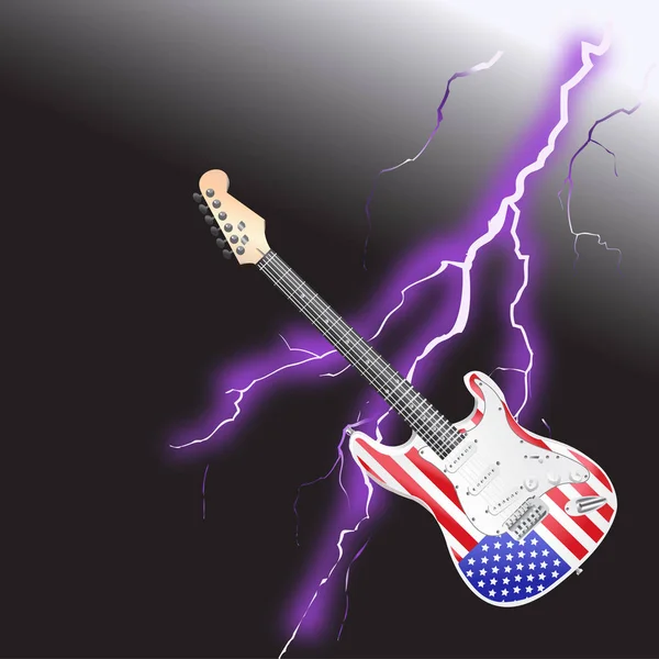 Guitarra Rock Roll Americana Con Relámpago Realista Sobre Fondo Negro — Vector de stock