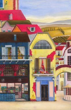 Yağlı boya. Bina cephe. Rahat sokakları, küçük evler. Canlı resim.